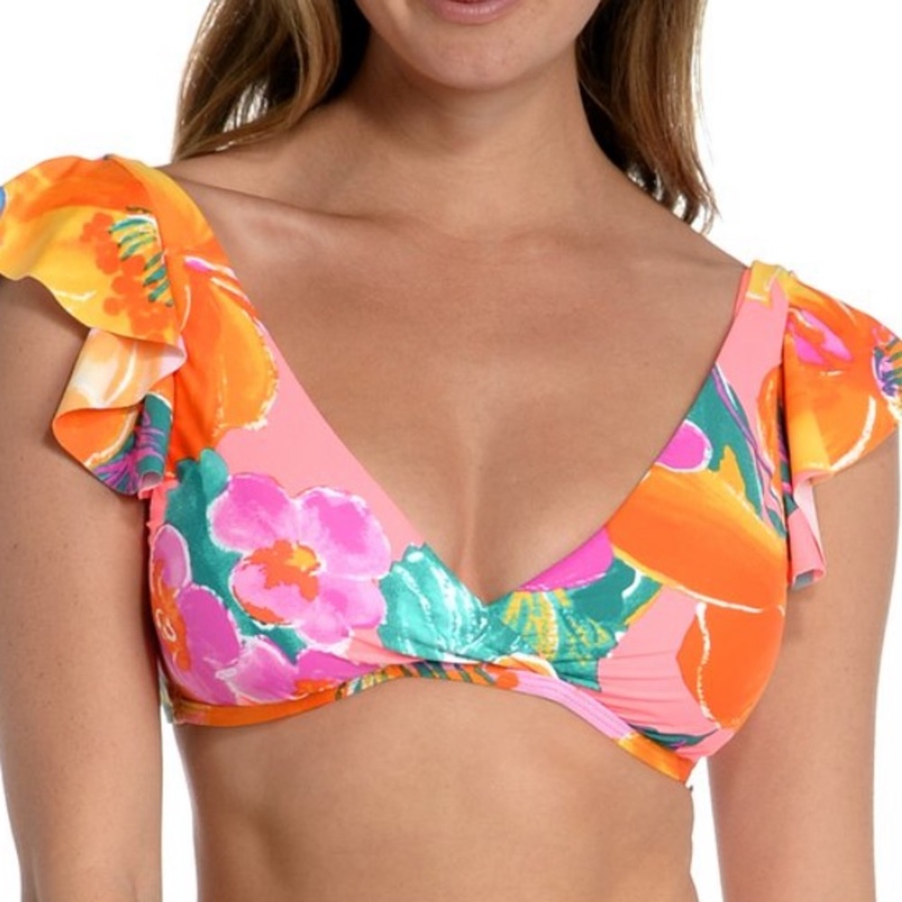 La Blanca Hot Coral & Green Tropical Isla Flutter-Sleeve Bikini Top - Size 16